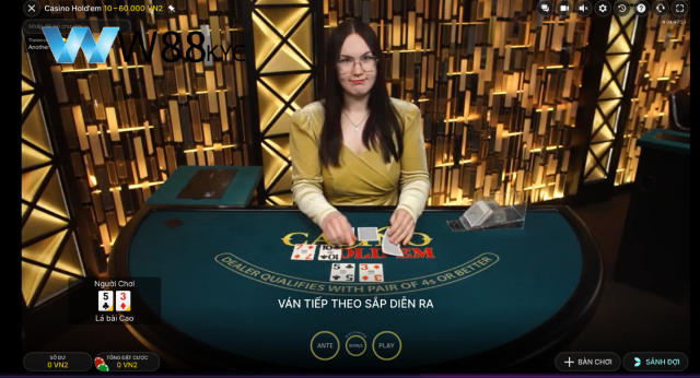 Giao diện sảnh chơi Poker W88 thực tế với Dealer người thật